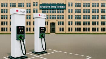 AI-generated conceptual image of LG CNS EV chargers installed at the Brooklyn Army Terminal in New York City